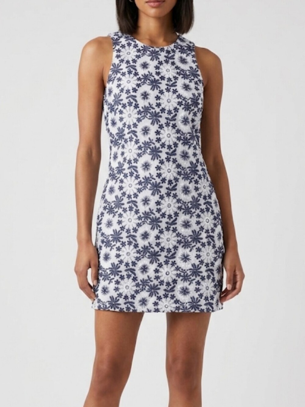 Francesca's Alya Navy and White Embroidered Floral Sleeveless Dress, Size M